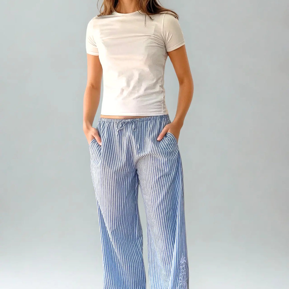 Santorini Wide-Leg Stripe Trousers, Organic Cotton,  White/Blue Stripe with Embroidery AMOKA DALO