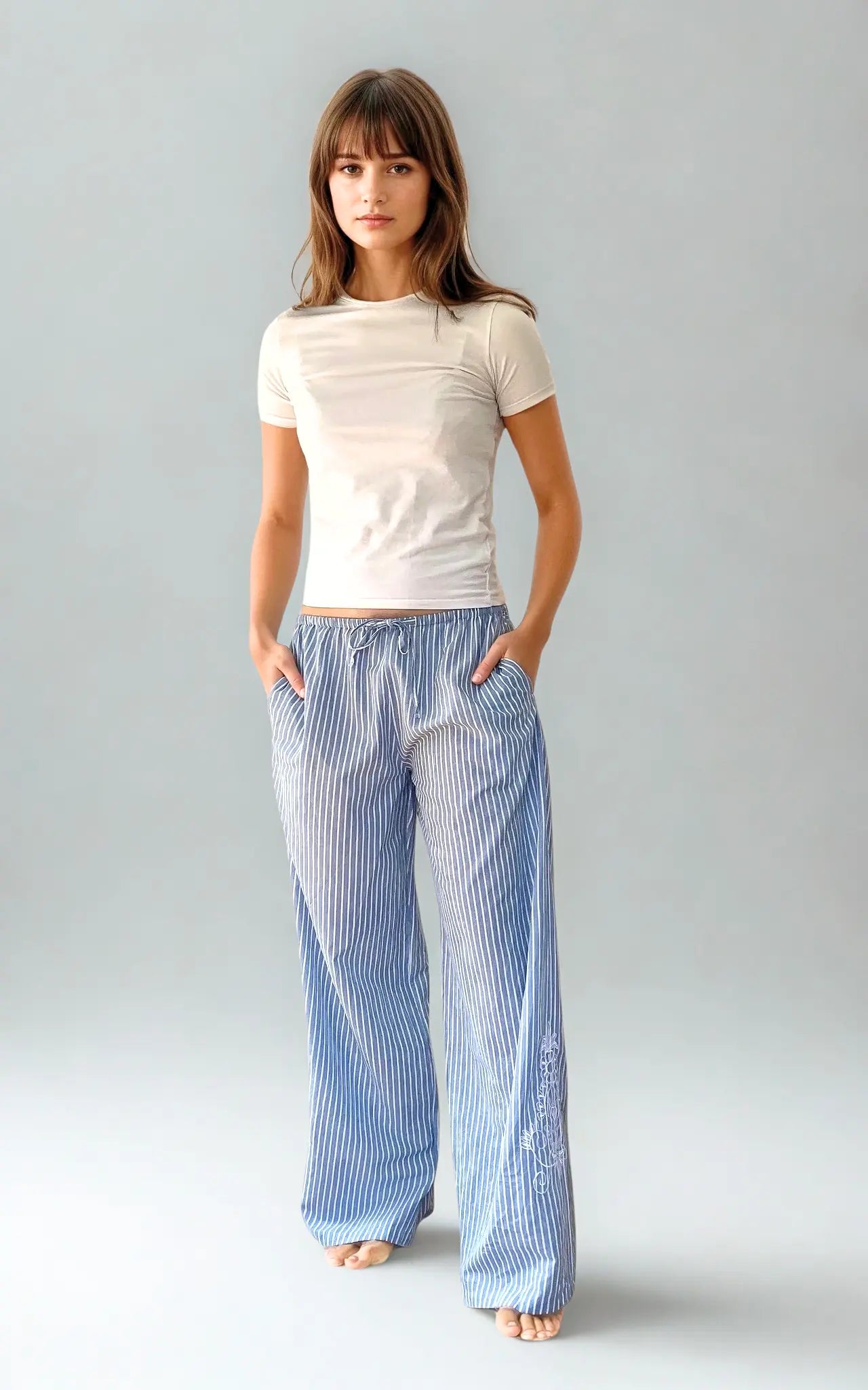 Santorini Wide-Leg Stripe Trousers, Organic Cotton,  White/Blue Stripe with Embroidery AMOKA DALO