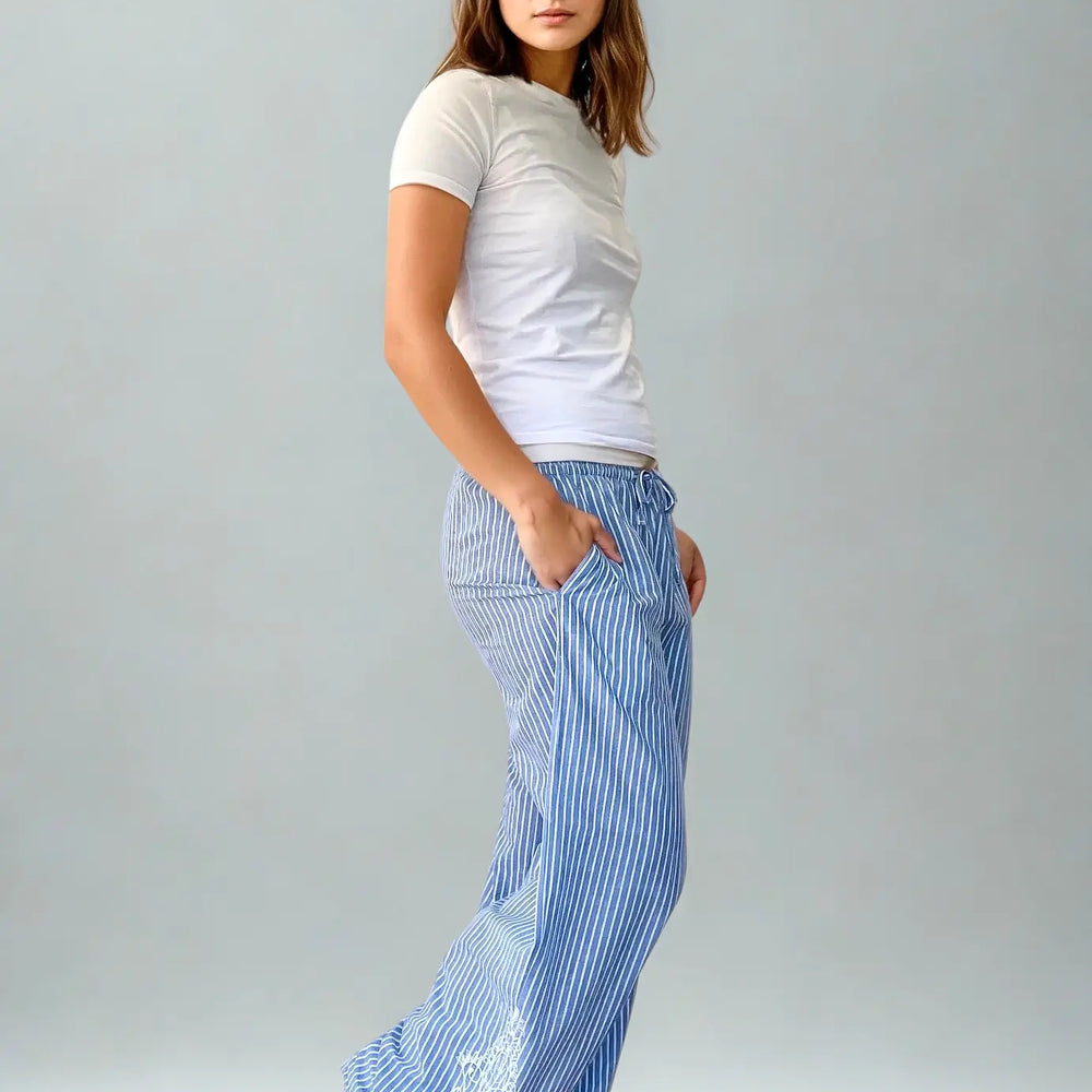Santorini Wide-Leg Stripe Trousers, Organic Cotton,  White/Blue Stripe with Embroidery AMOKA DALO
