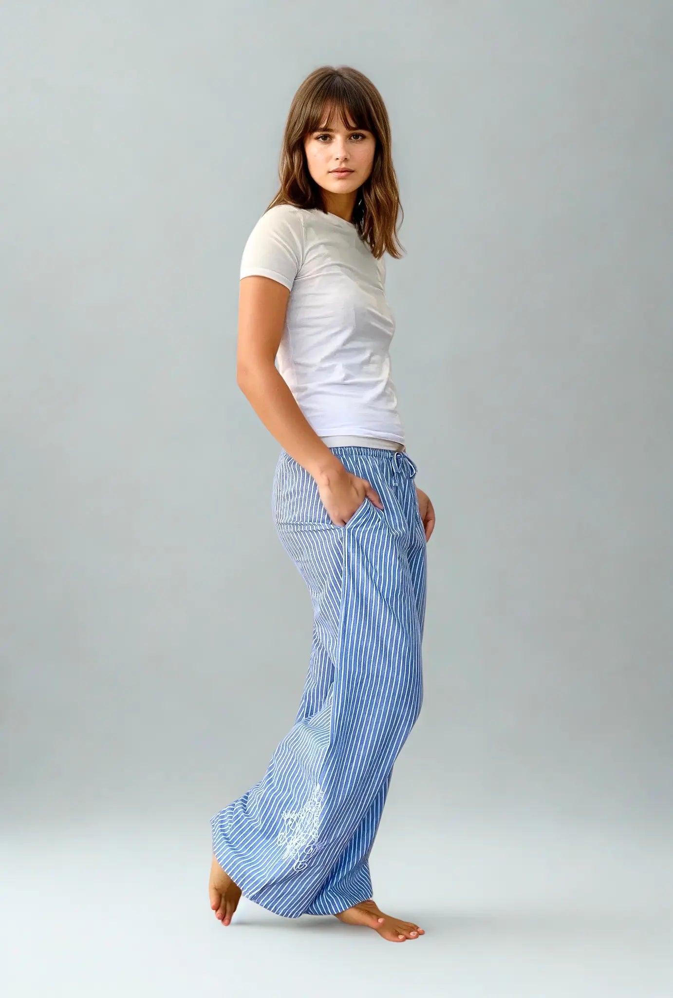 Santorini Wide-Leg Stripe Trousers, Organic Cotton,  White/Blue Stripe with Embroidery AMOKA DALO