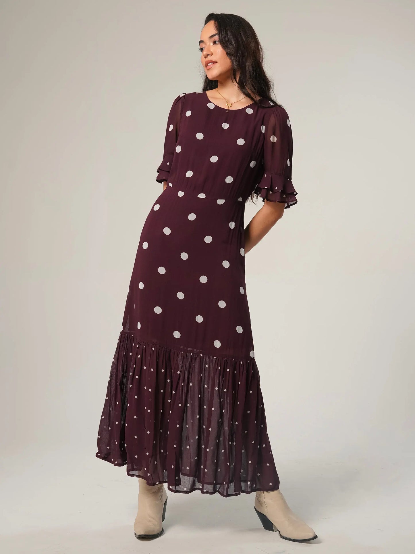 Saphi Burgundy Polka Dot Print Maxi Dress Rose & Nancy