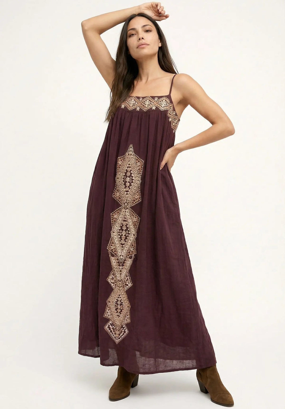 Sapphire Spaghetti Strap Embroidered Maxi Dress In Aubergine Raffya