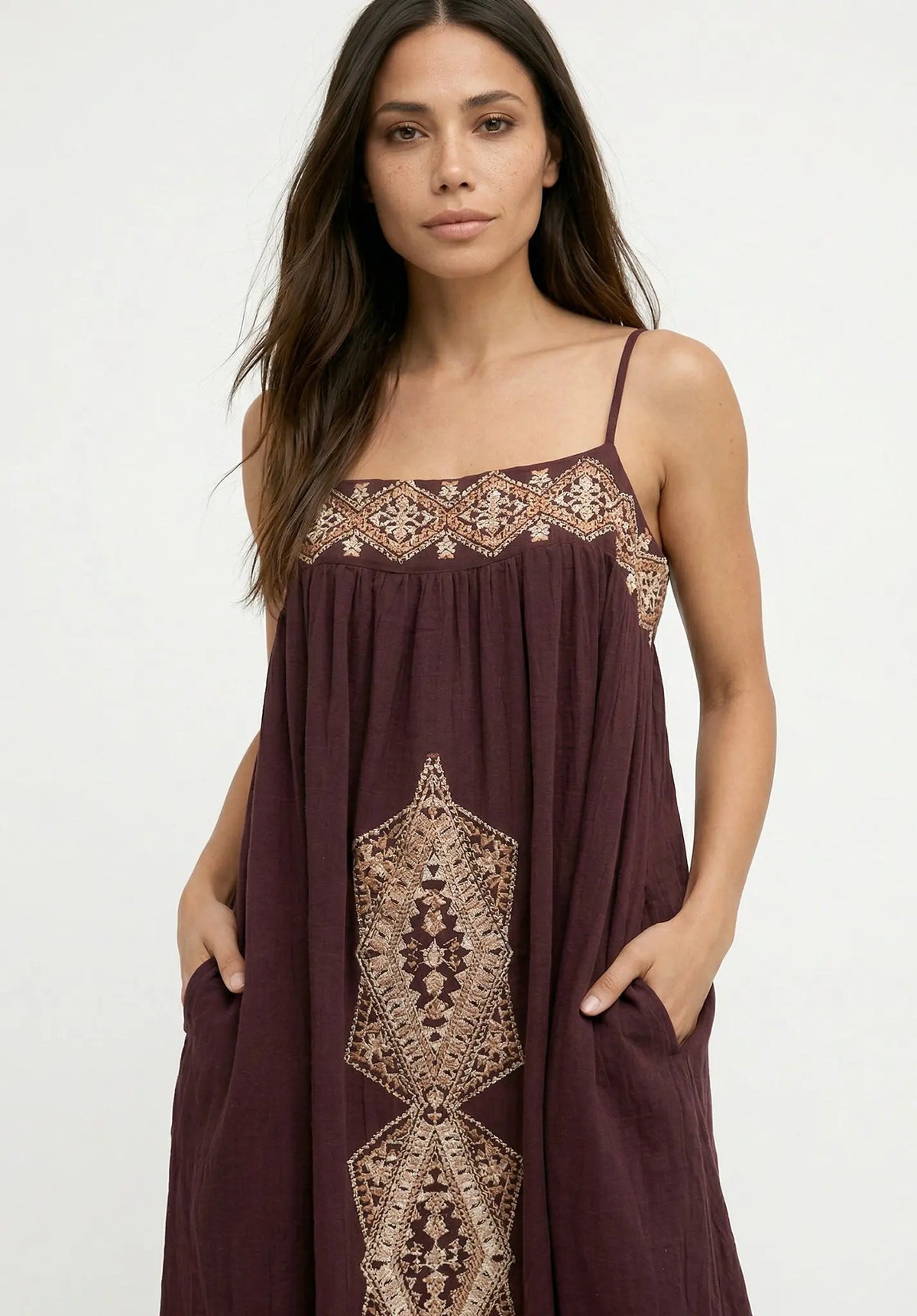 Sapphire Spaghetti Strap Embroidered Maxi Dress In Aubergine Raffya