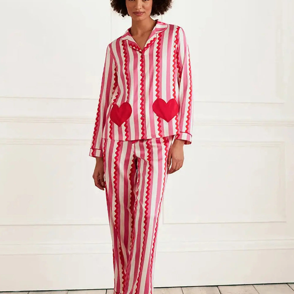 Satin Heart Women's Pocket Striped Long Pyjama Set Chelsea Peers