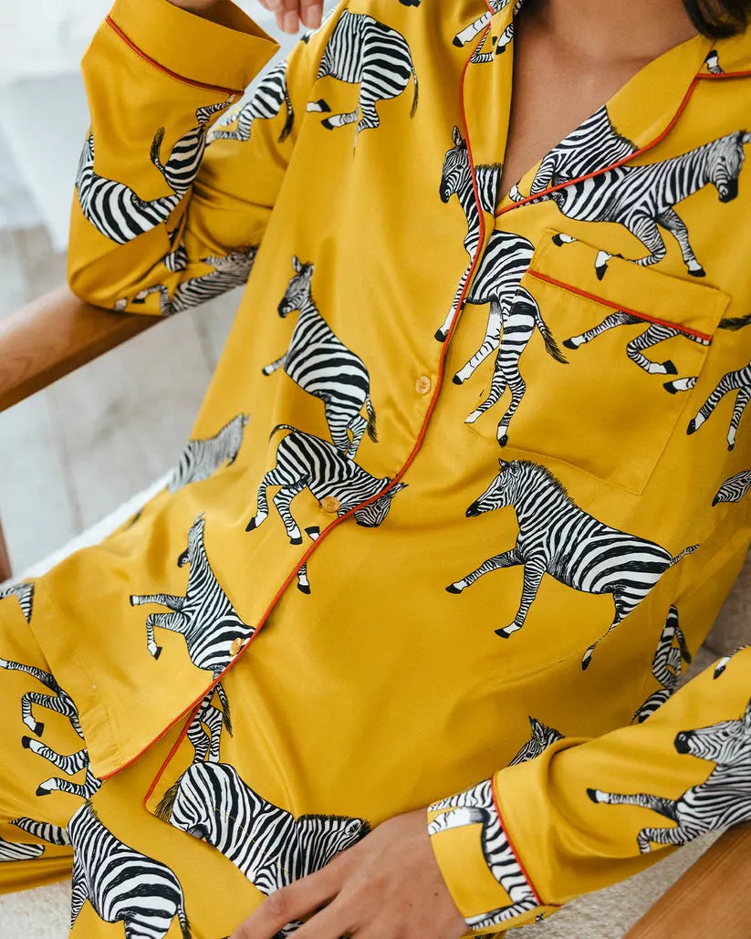 Satin Mustard Zebra Print Women's Long Pyjama Set Chelsea Peers
