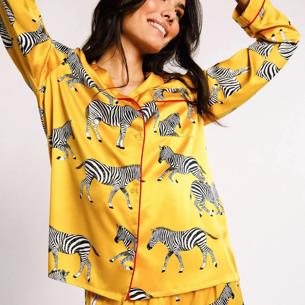 Satin Mustard Zebra Print Women's Long Pyjama Set Chelsea Peers