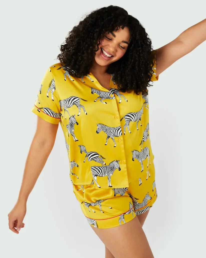 Satin Mustard Zebra Print Women's Short Pyjama Set Chelsea Peers