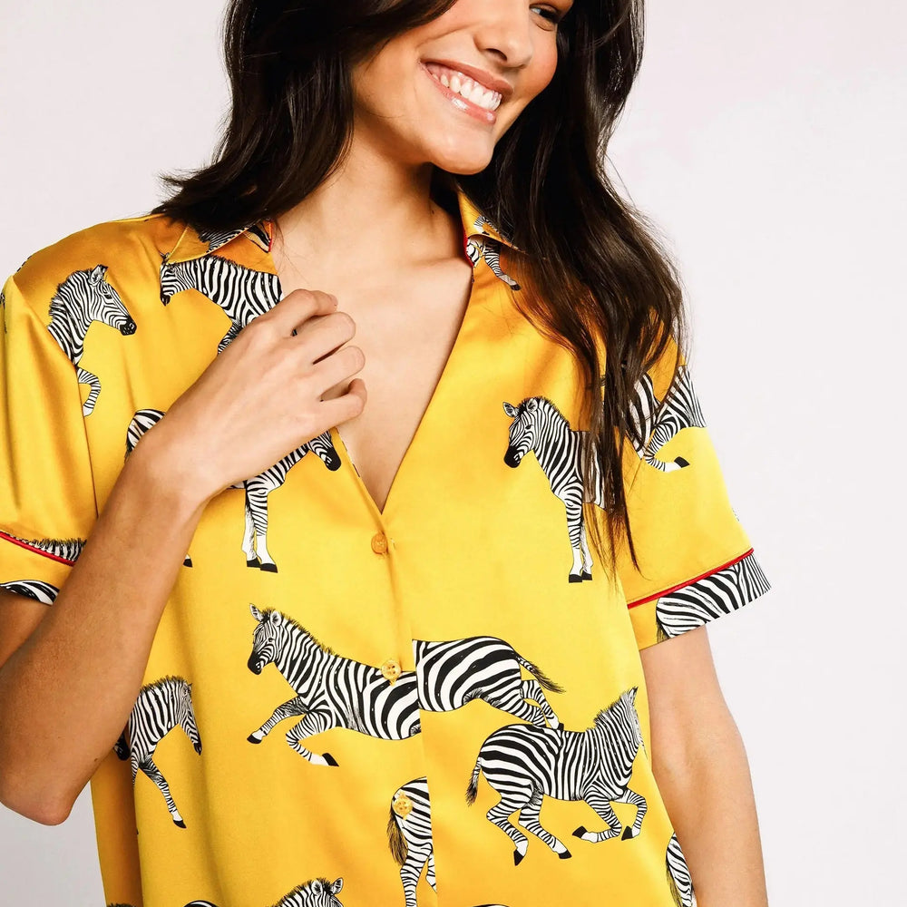 Satin Mustard Zebra Print Women's Short Pyjama Set Chelsea Peers