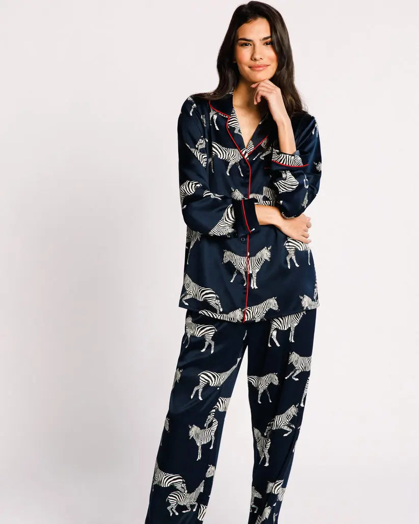 Satin Navy Zebra Print Women's Long Pyjama Set Chelsea Peers