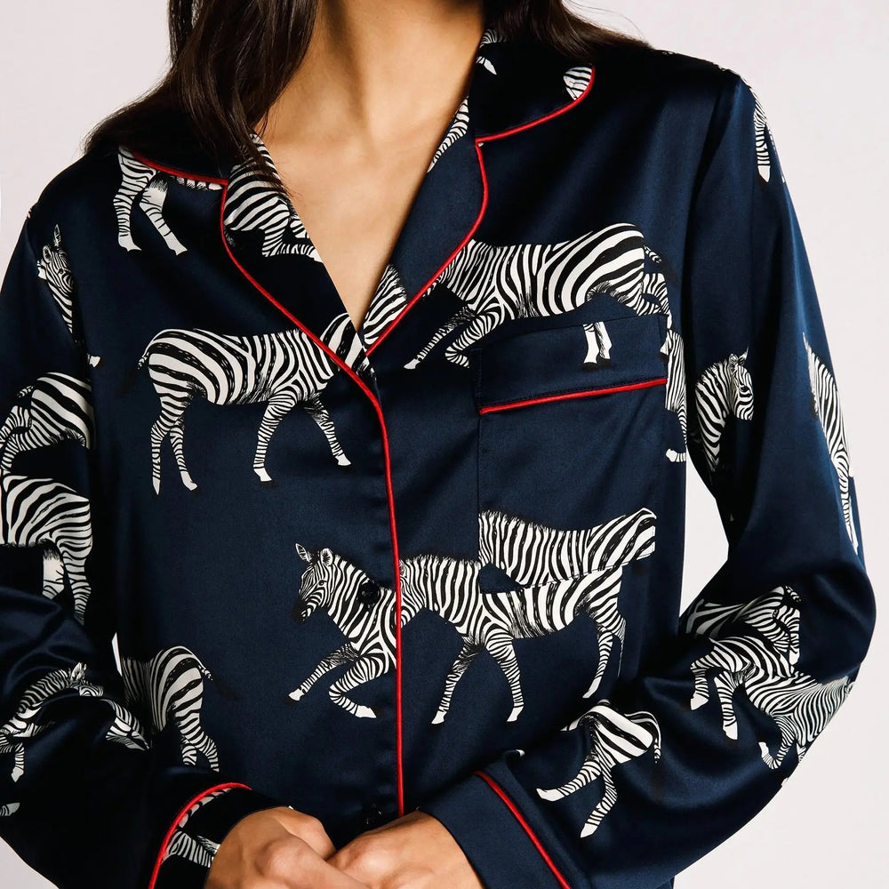 Satin Navy Zebra Print Women's Long Pyjama Set Chelsea Peers