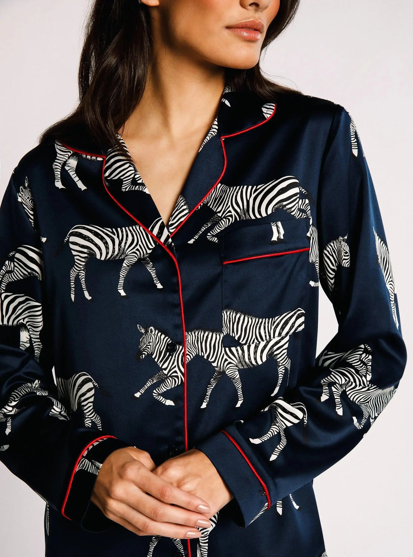 Satin Navy Zebra Print Women's Long Pyjama Set Chelsea Peers