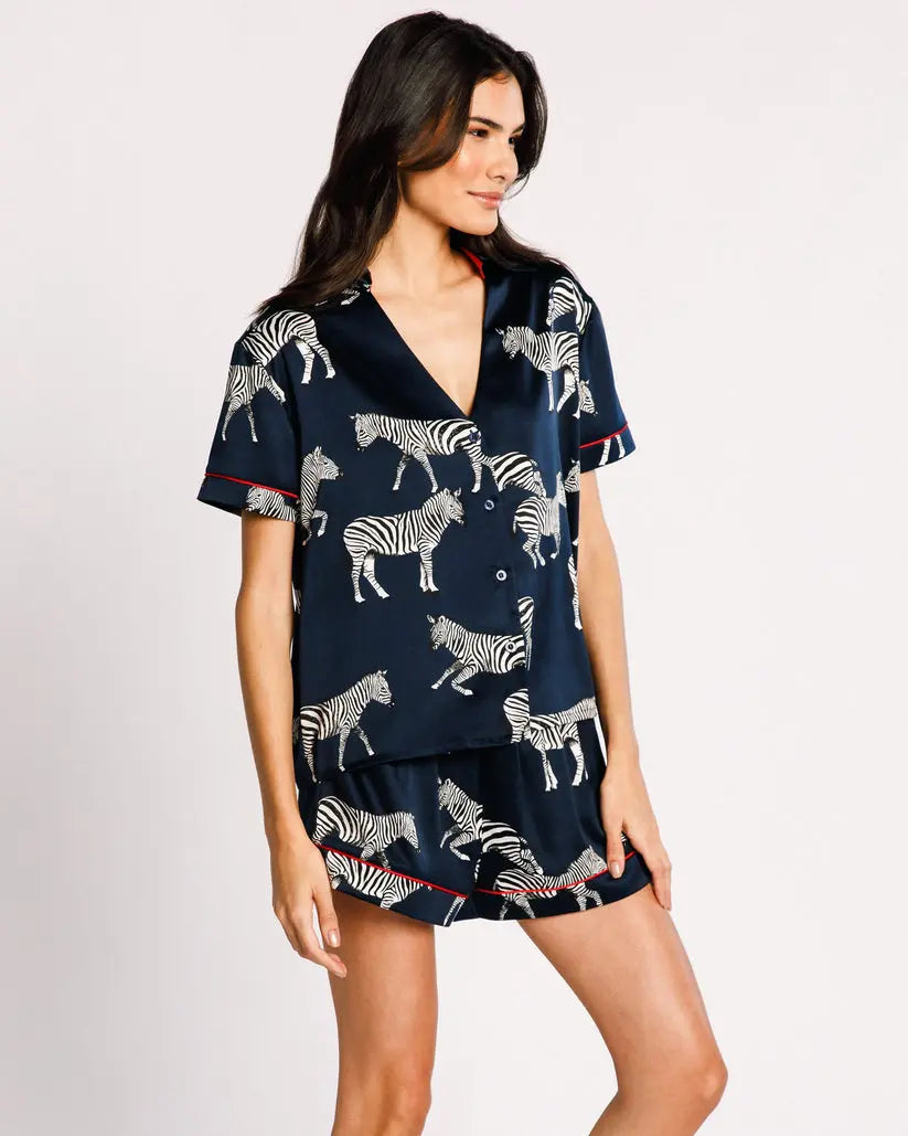 Satin Navy Zebra Print Women's Short Pyjama Set Chelsea Peers