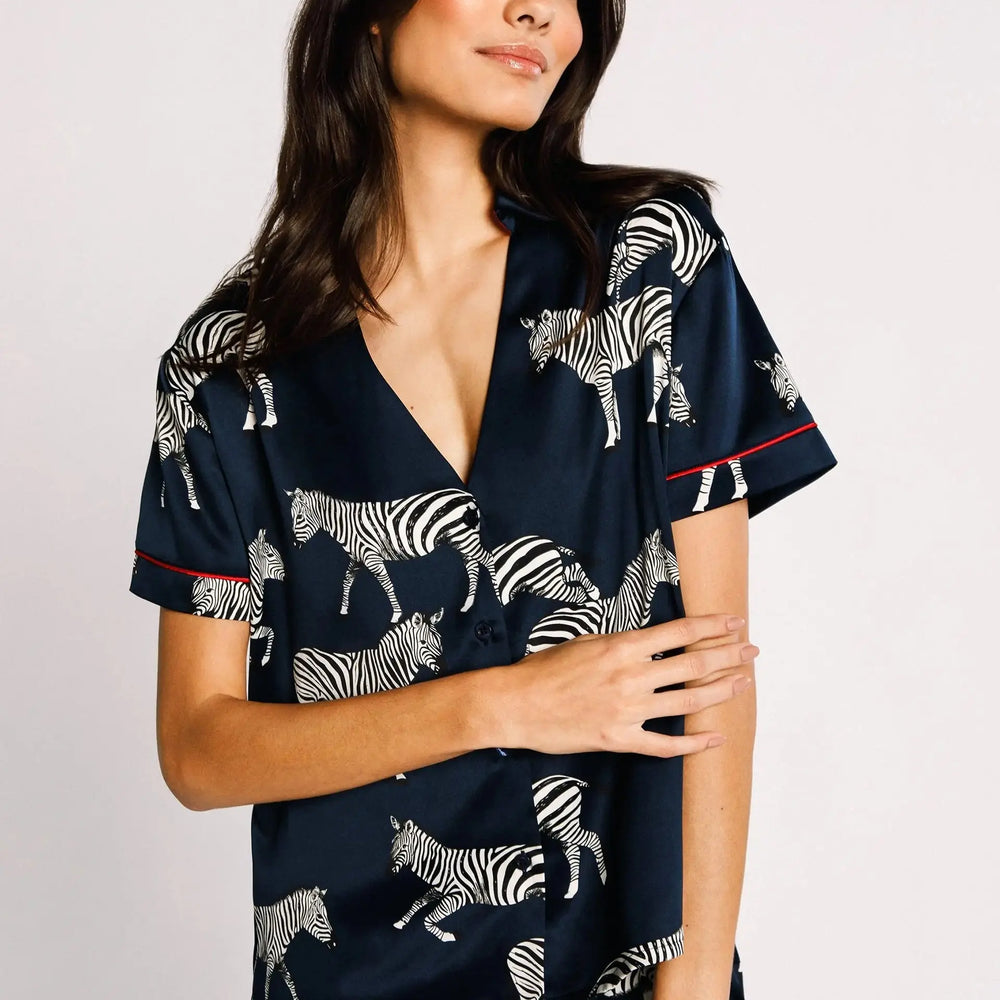 Satin Navy Zebra Print Women's Short Pyjama Set Chelsea Peers