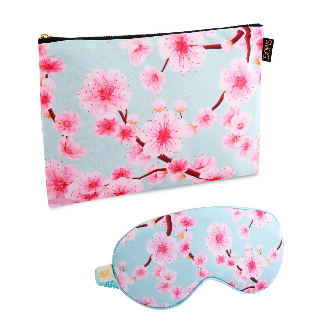 Satin Sleep Mask & Accessories Bag Set - Cherry Blossom Print SMUG
