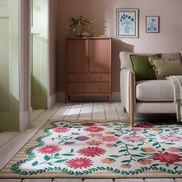 Scallop Washable Floral Border Rug Dunelm