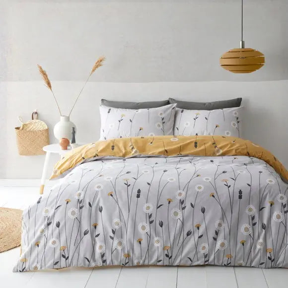Scandi Floral Grey Duvet Cover and Pillowcase Set Dunelm