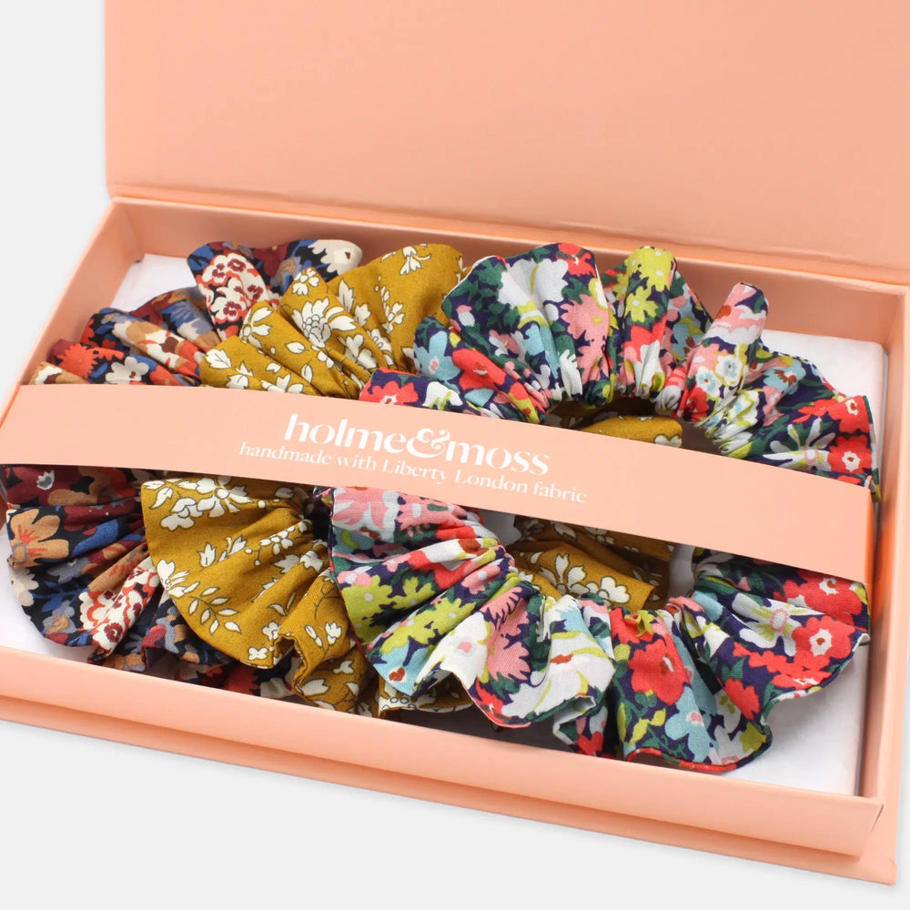 Scrunchie Gift Box, Liberty Print Golden Blooms Collection, Set of Three Holme & Moss