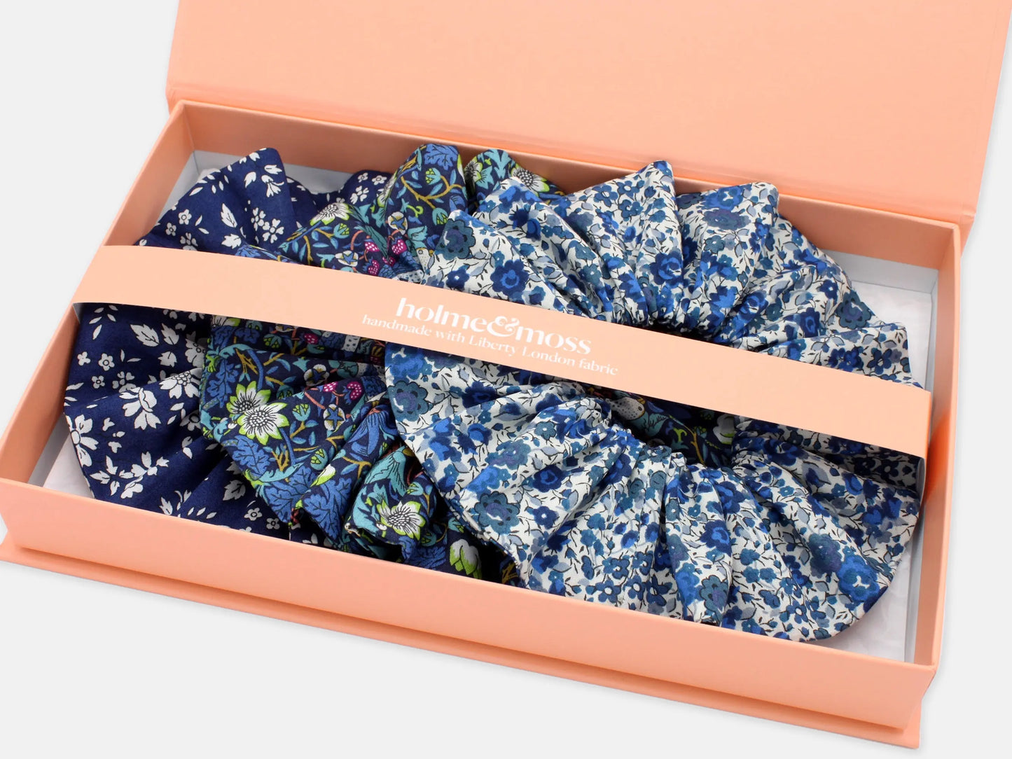 Scrunchie Gift Box, Liberty Print Shades of Blue Collection, Set of Three Holme & Moss