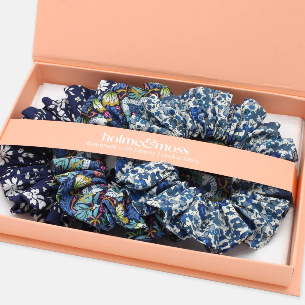 Scrunchie Gift Box, Liberty Print Shades of Blue Collection, Set of Three Holme & Moss