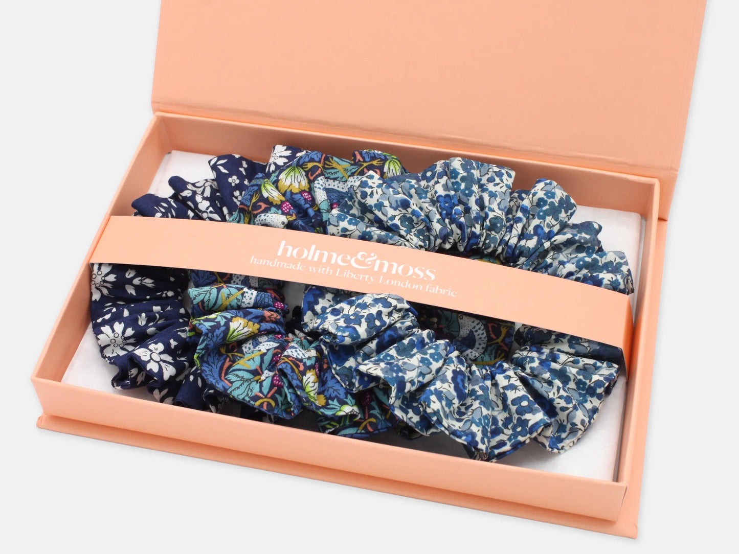 Scrunchie Gift Box, Liberty Print Shades of Blue Collection, Set of Three Holme & Moss