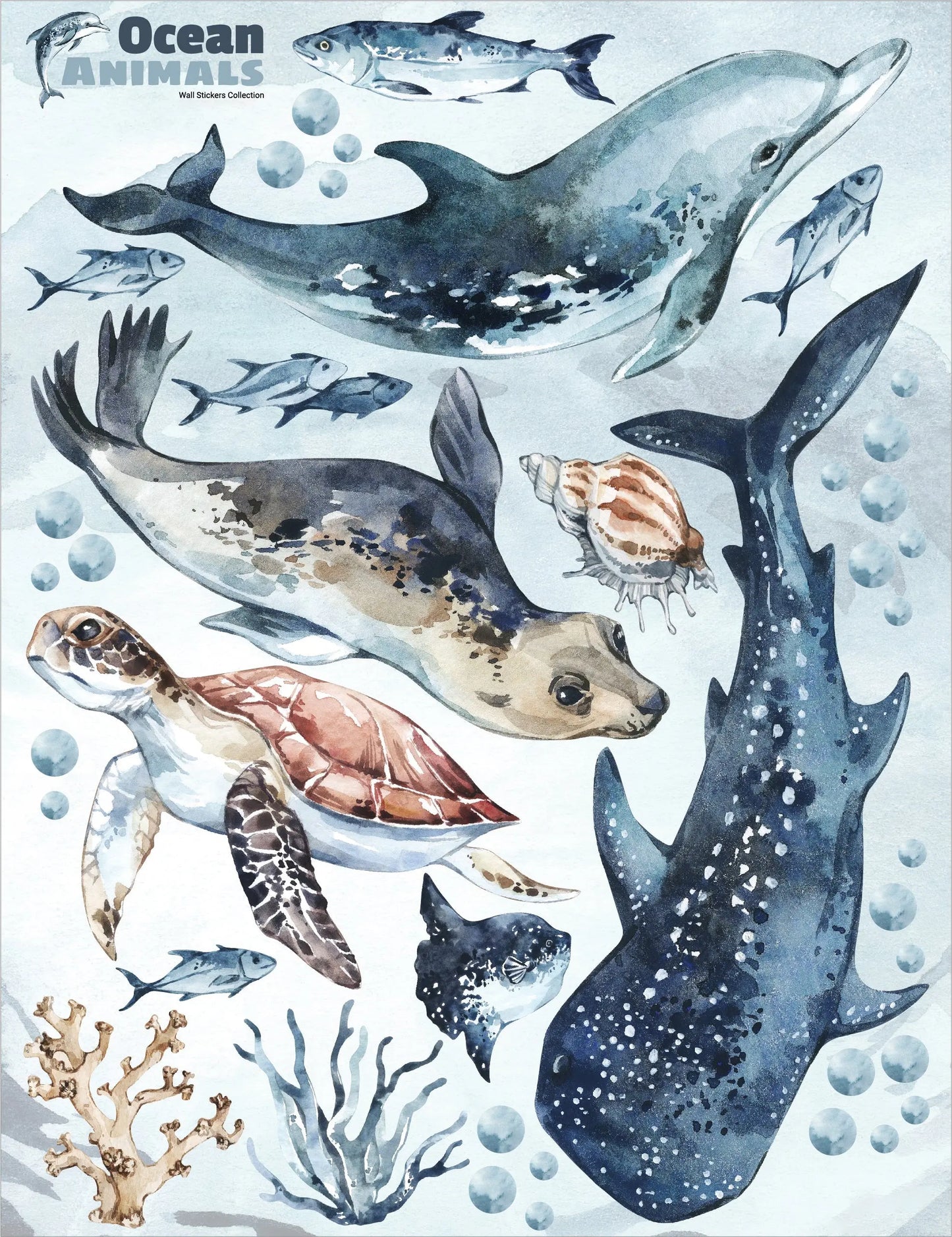Sea Animals Variety Decal Set - Ocean Theme - Watercolour effect Dolphin, Shark, Turtle & Seal + more ClickWalls