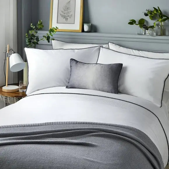 Serene Pom Pom Duvet Cover and Pillowcase Set Grey Dunelm