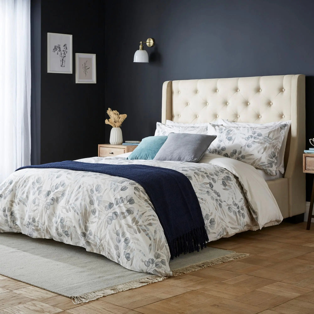 Serenity Blue Floral Leaf 100% BCI Cotton Duvet Cover Bedding The Fine Bedding Company