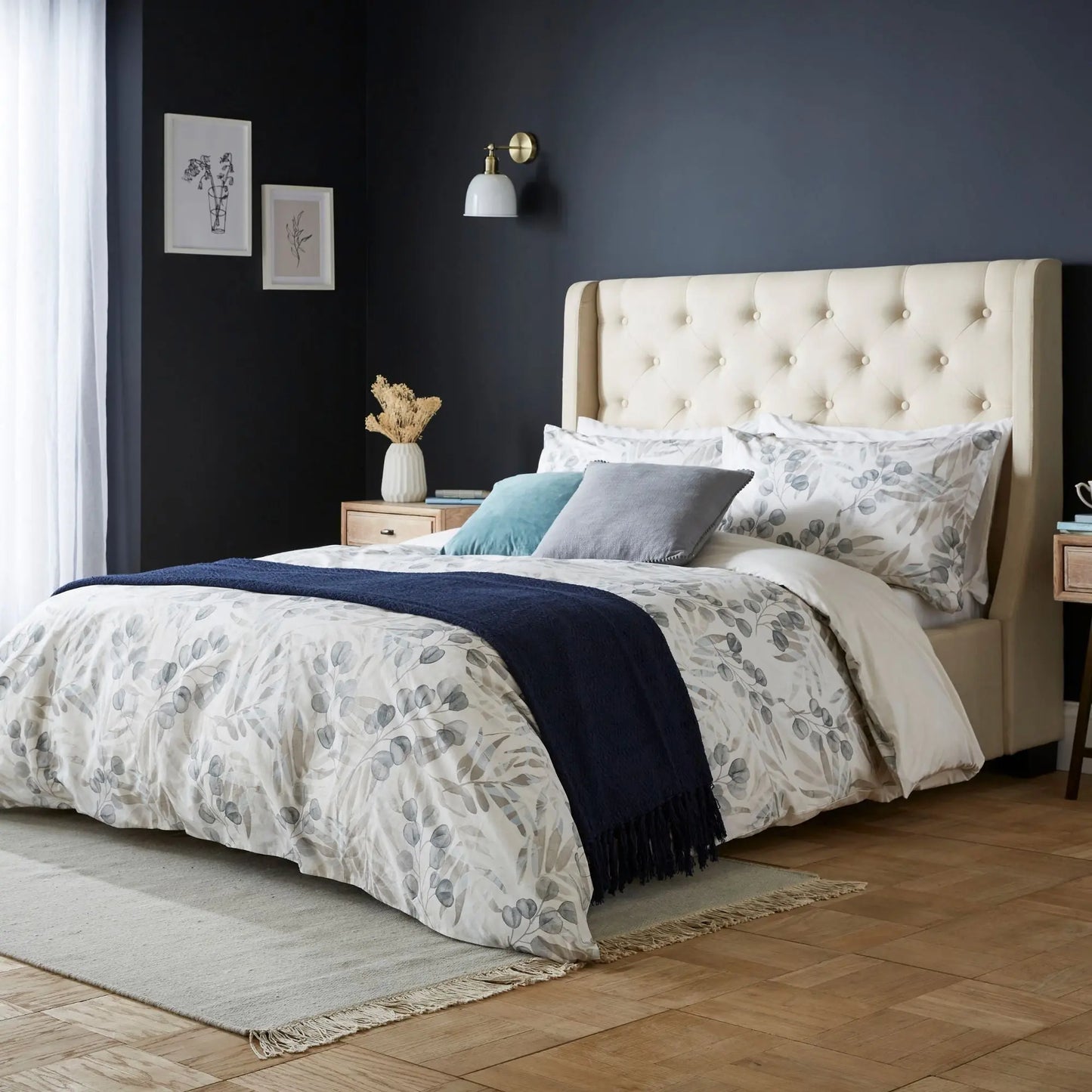 Serenity Blue Floral Leaf 100% BCI Cotton Duvet Cover Bedding The Fine Bedding Company