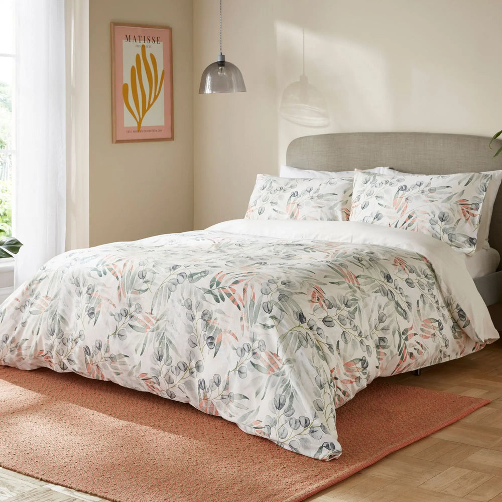 Serenity Coral Floral Leaf 100% BCI Cotton Duvet Cover Bedding The Fine Bedding Company