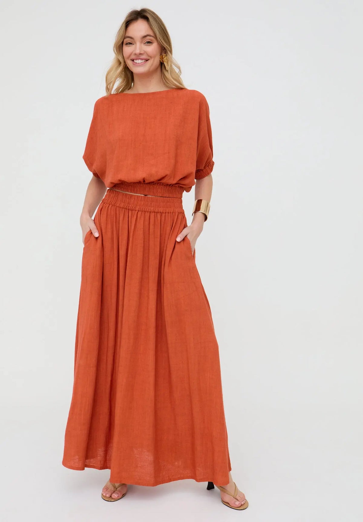 Sesame Elasticated Waist Maxi Skirt In Rust Raffya