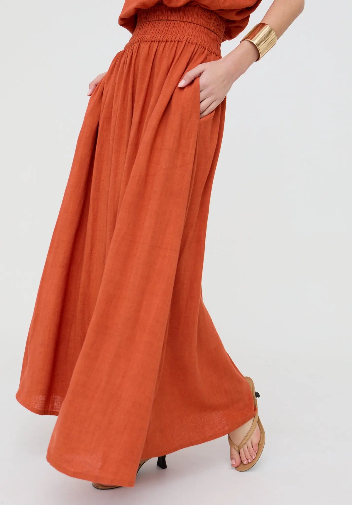 Sesame Elasticated Waist Maxi Skirt In Rust Raffya