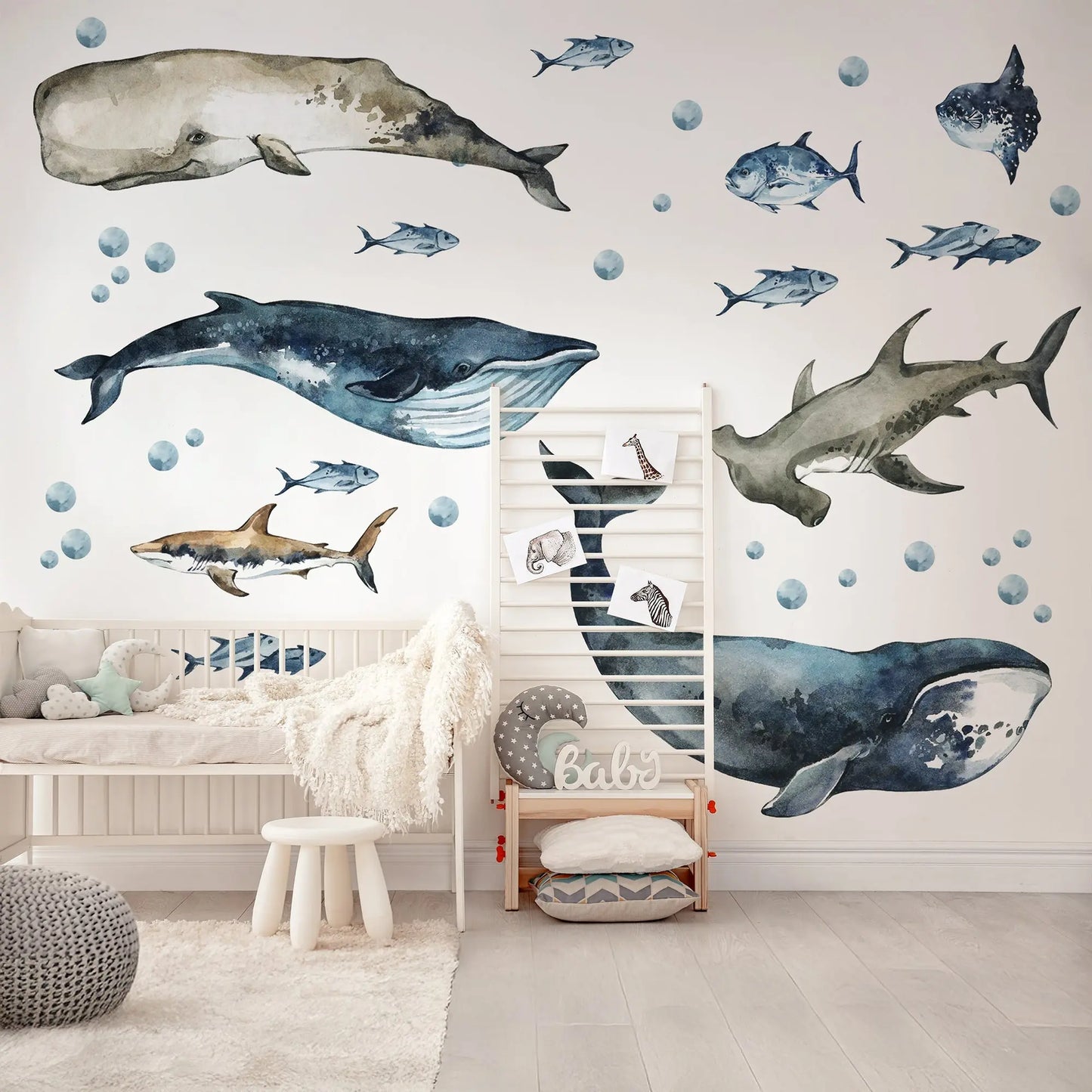 Sharks & Whales Decal Set - Sperm, Humpback, Blue, Hammerhead Shark + More - Watercolour Effect Stickers - Ocean Theme ClickWalls