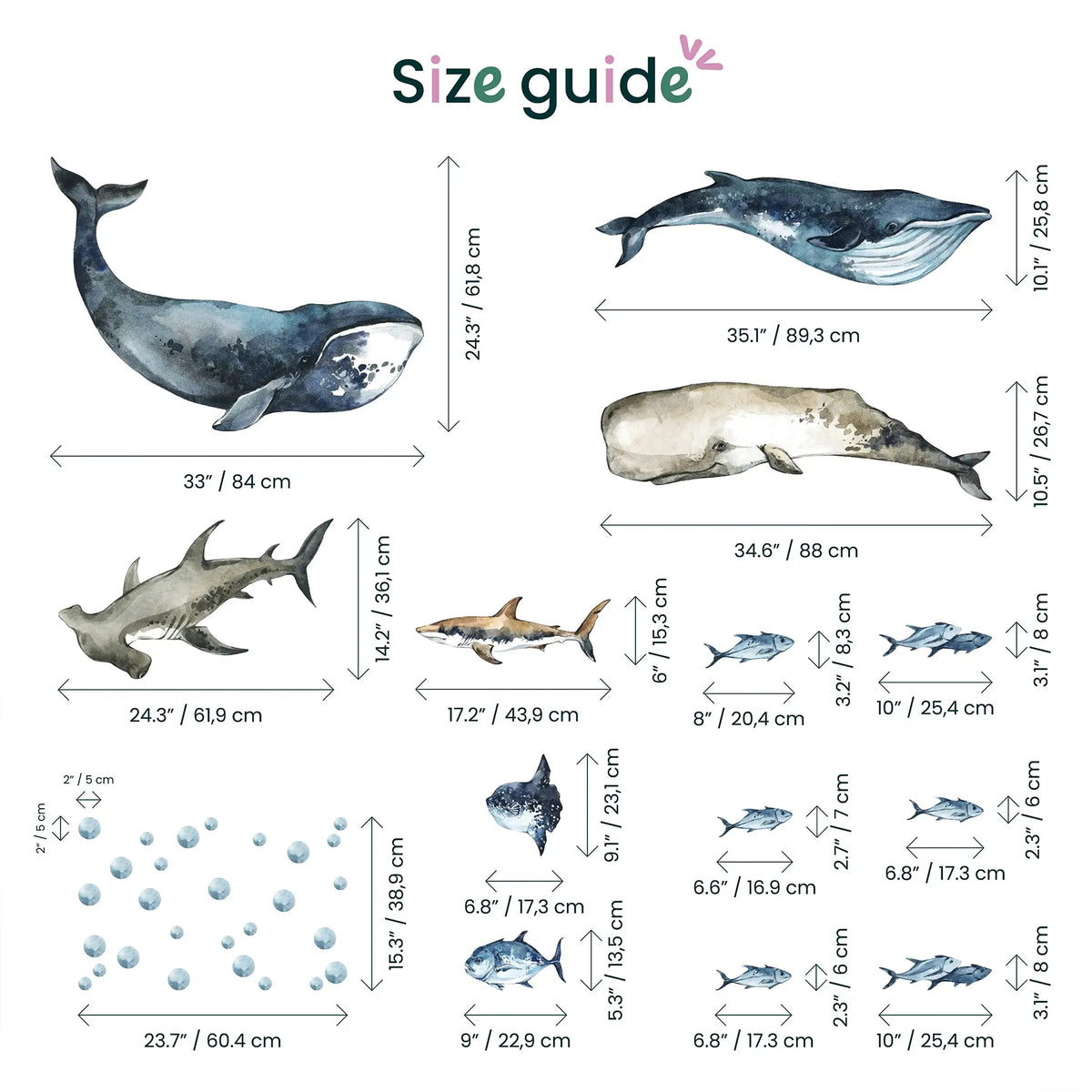 Sharks & Whales Decal Set - Sperm, Humpback, Blue, Hammerhead Shark + More - Watercolour Effect Stickers - Ocean Theme ClickWalls
