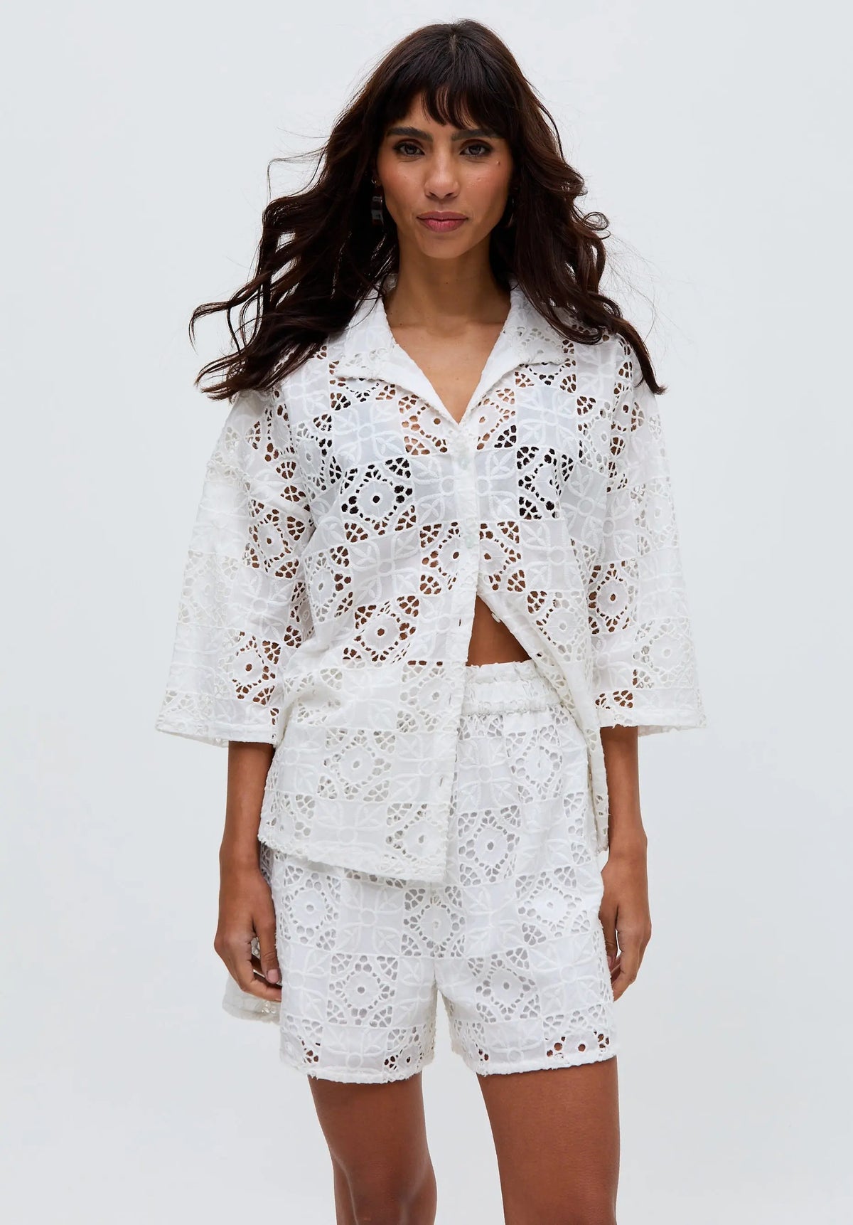 Shelli All Over Broderie Anglaise Shirt In White Raffya