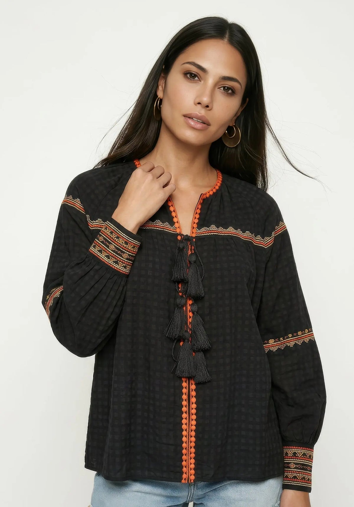 Shilo Embroidered Collarless Blouse In Black Raffya