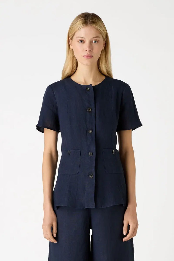 Short Sleeve Linen Top - Navy Bamford