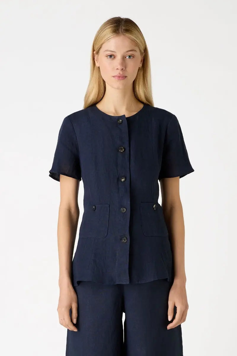 Short Sleeve Linen Top - Navy Bamford