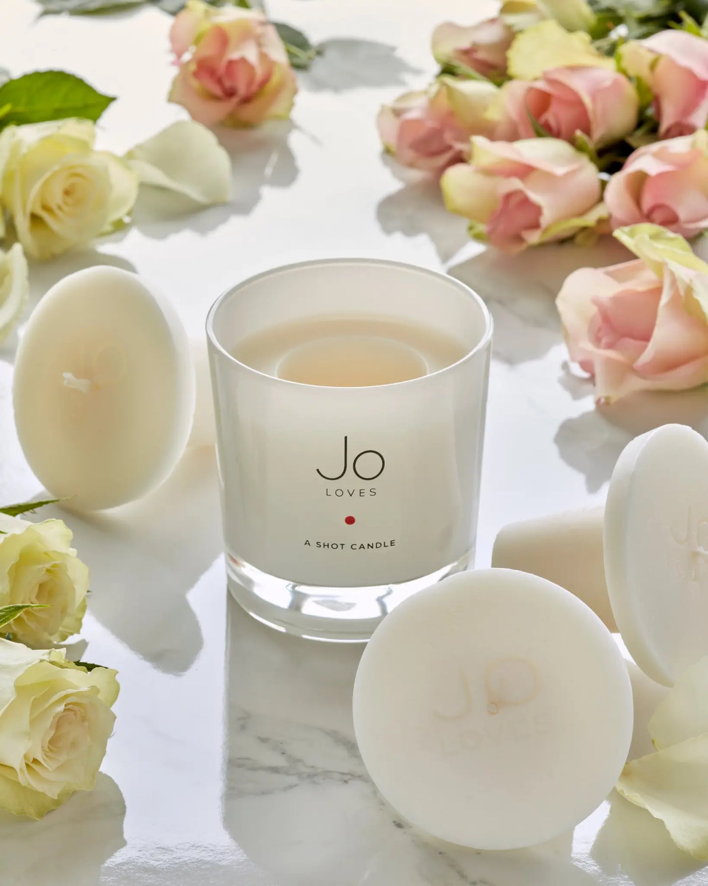 Shot Candle™ White Rose & Lemon Leaves Base with Rose Petal 25 Shot Jo Loves