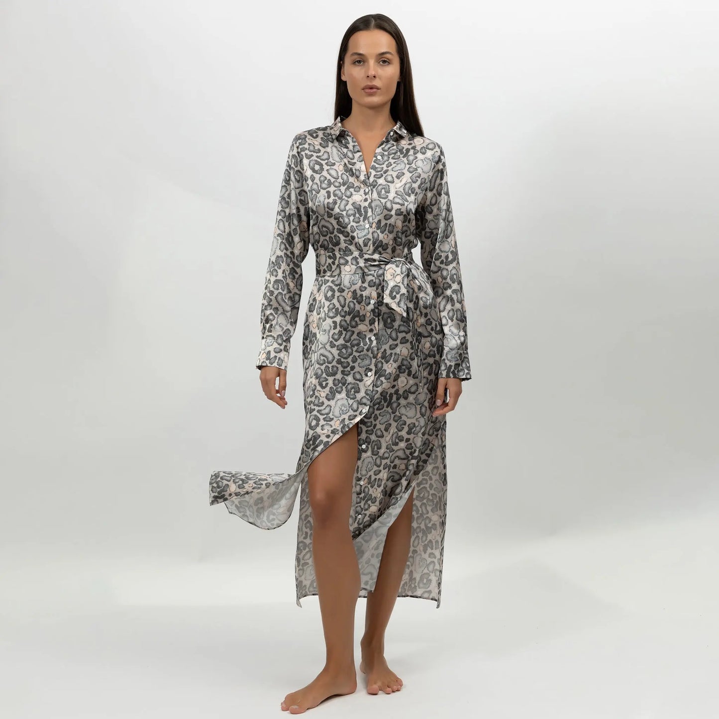 Silk Button-down Long Shirt Dress Animal Print NOKAYA