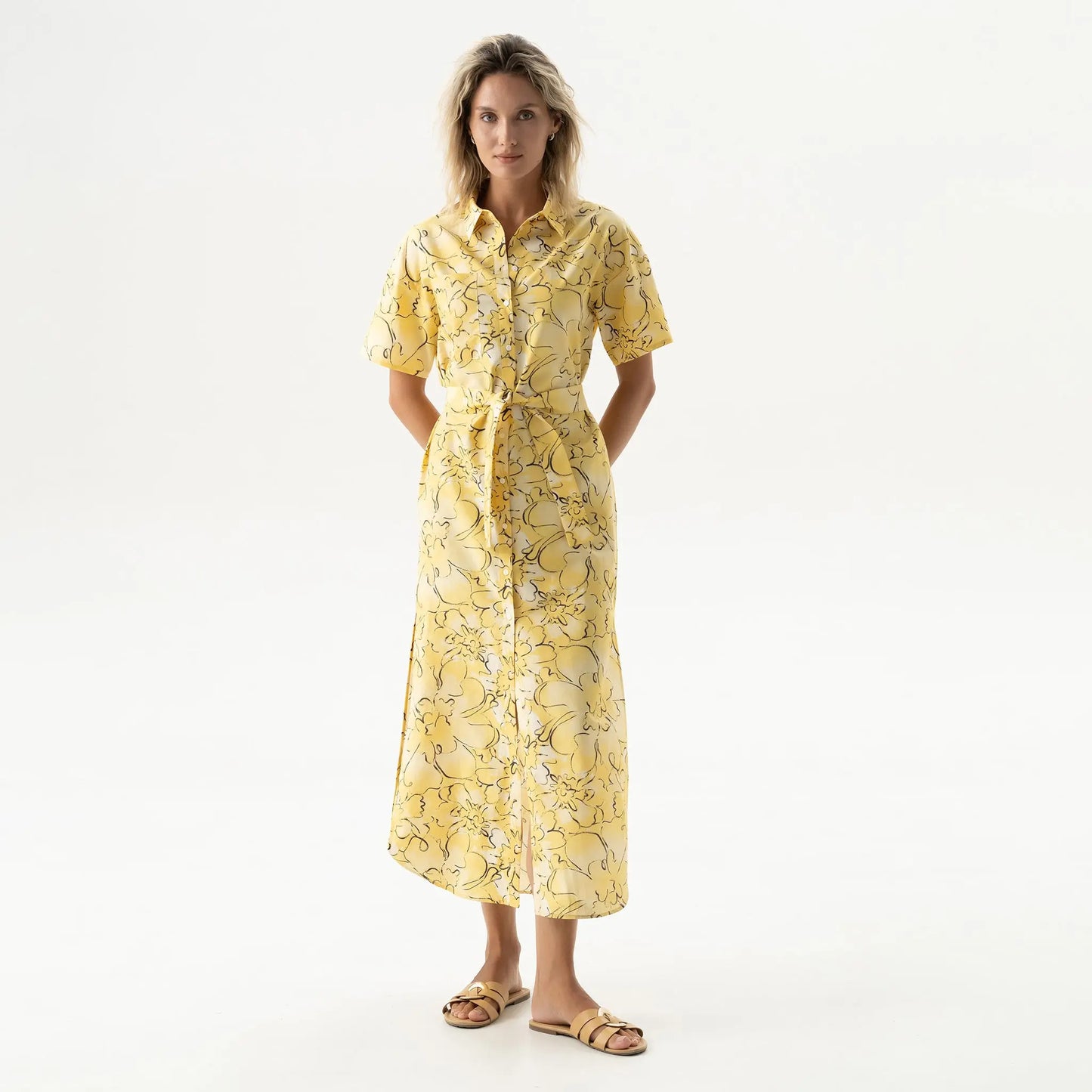 Silk Cotton Long Shirt Dress Yellow Flowers NOKAYA