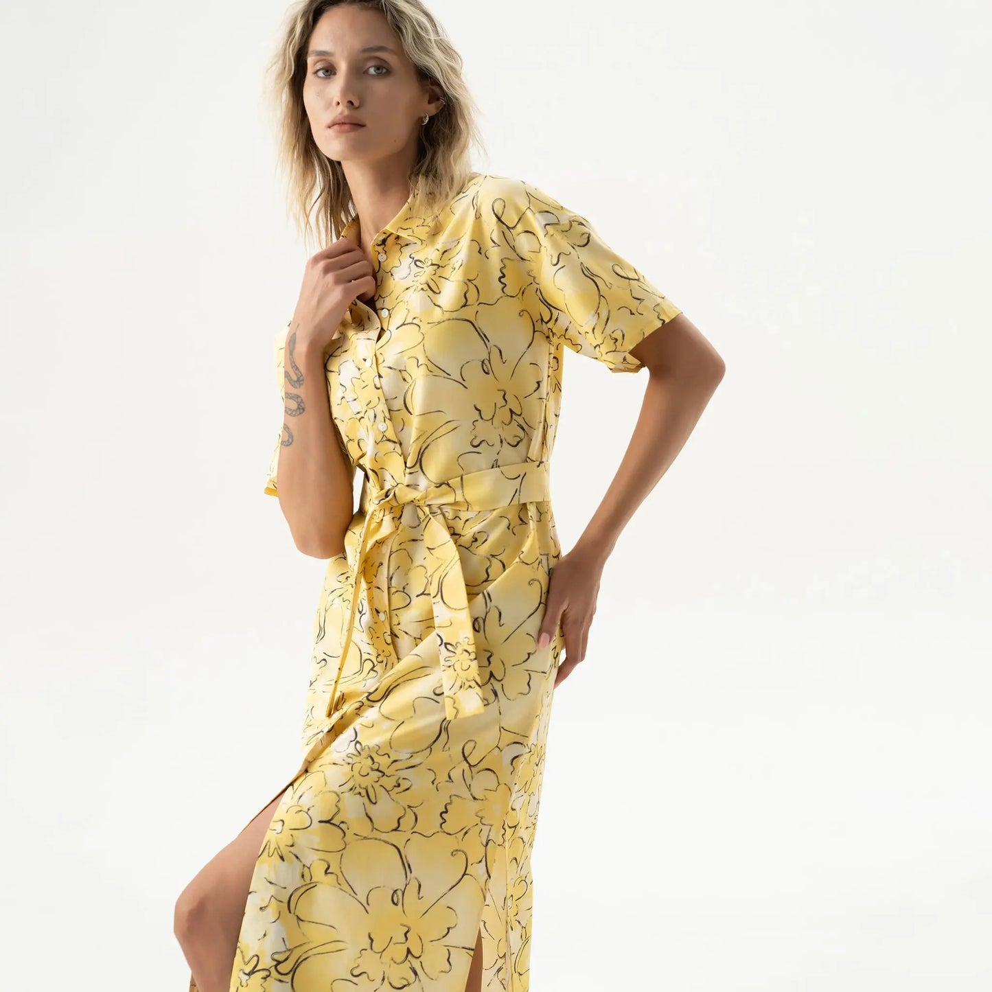 Silk Cotton Long Shirt Dress Yellow Flowers NOKAYA