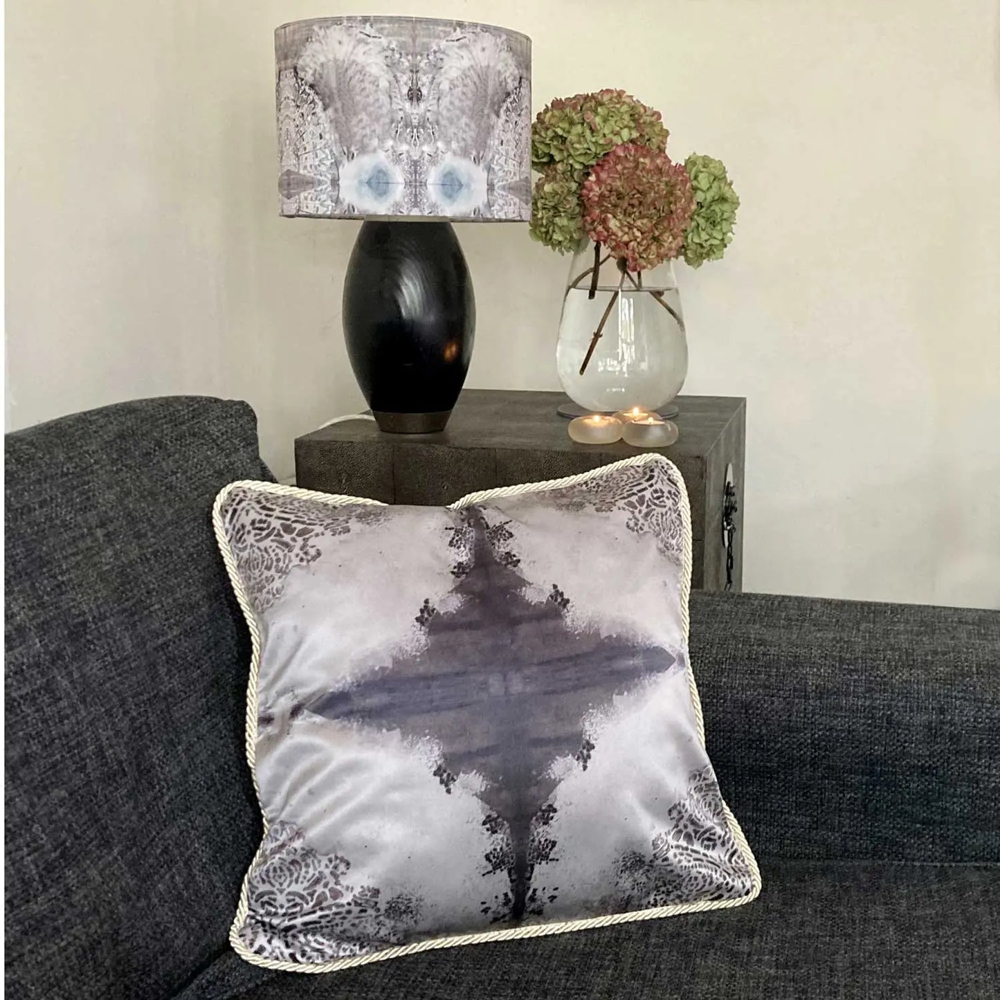 Silk Cushion - Burano Lace White And Purple Greys Long Studio Design