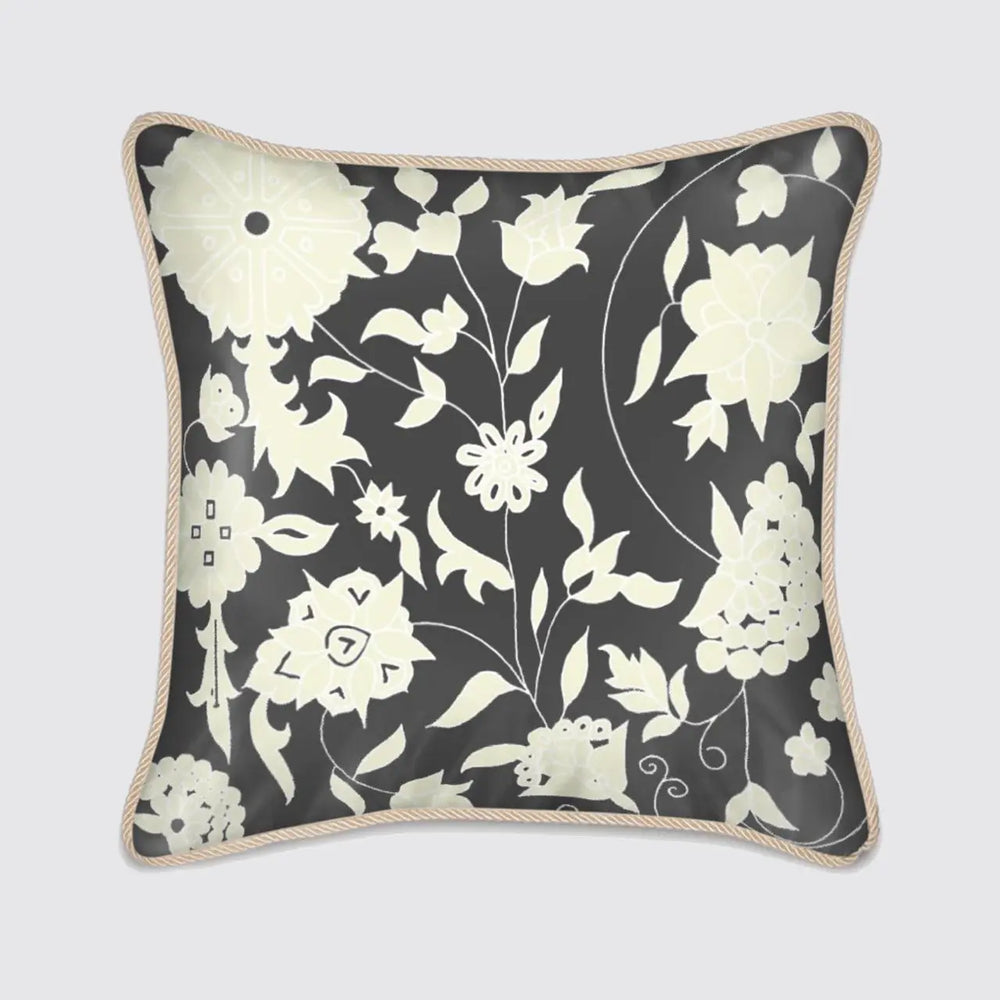 Silk Cushion - Cream Carpet Flowers on Charcoal Long Studio Design