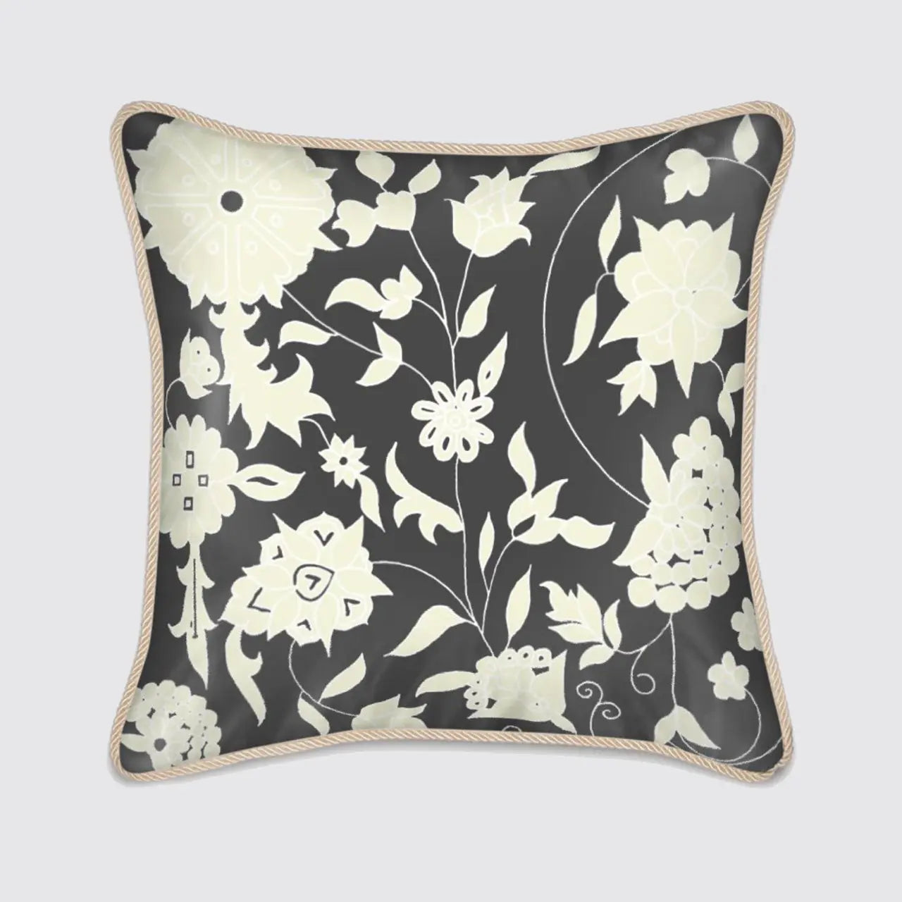 Silk Cushion - Cream Carpet Flowers on Charcoal Long Studio Design