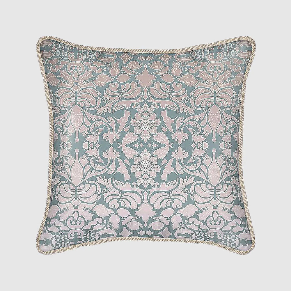 Silk Cushion - Hummingbird Damask Design In Pink And Sage Green Long Studio Design