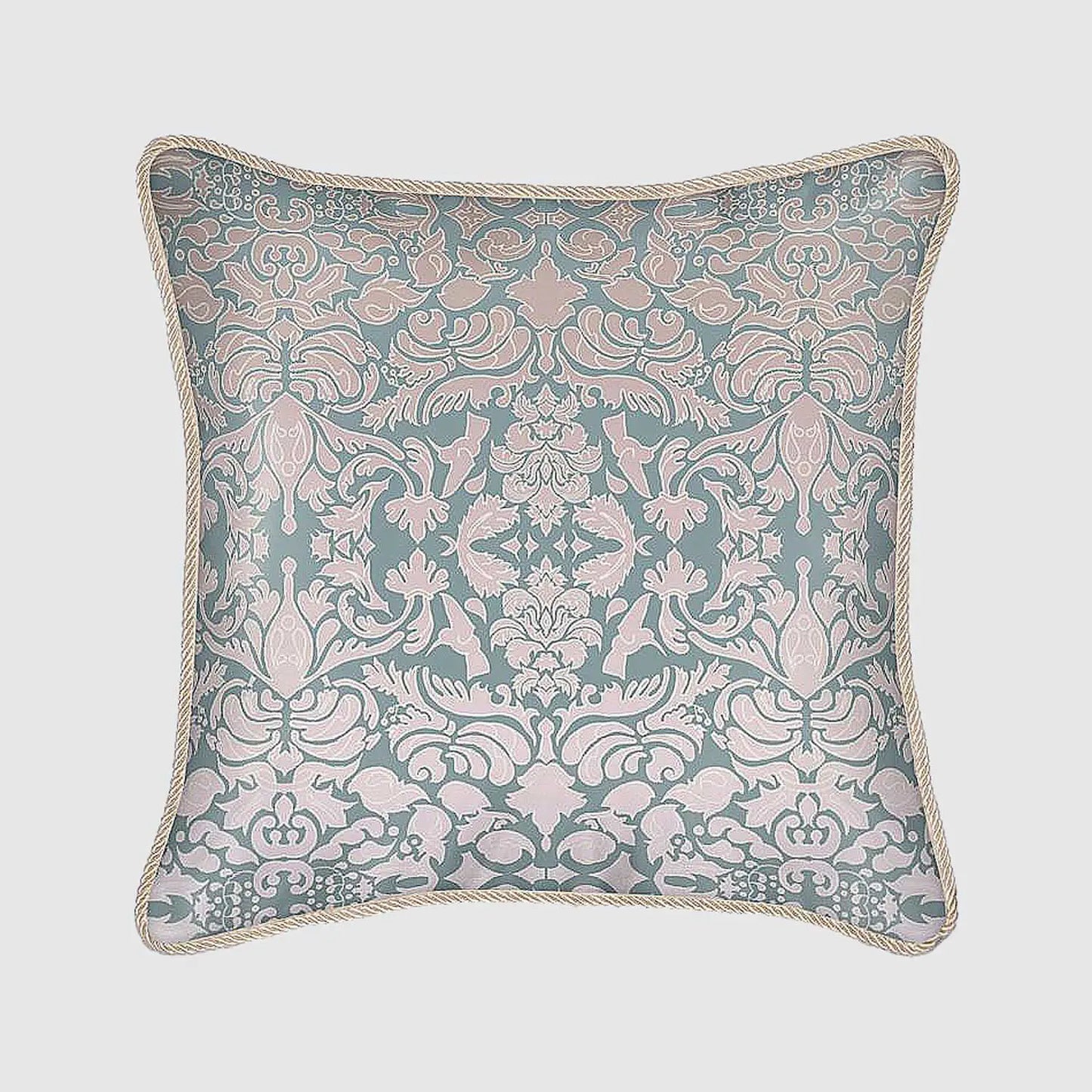 Silk Cushion - Hummingbird Damask Design In Pink And Sage Green Long Studio Design