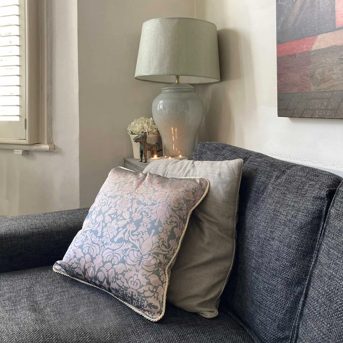 Silk Cushion - Hummingbird Damask Design In Pink And Sage Green Long Studio Design