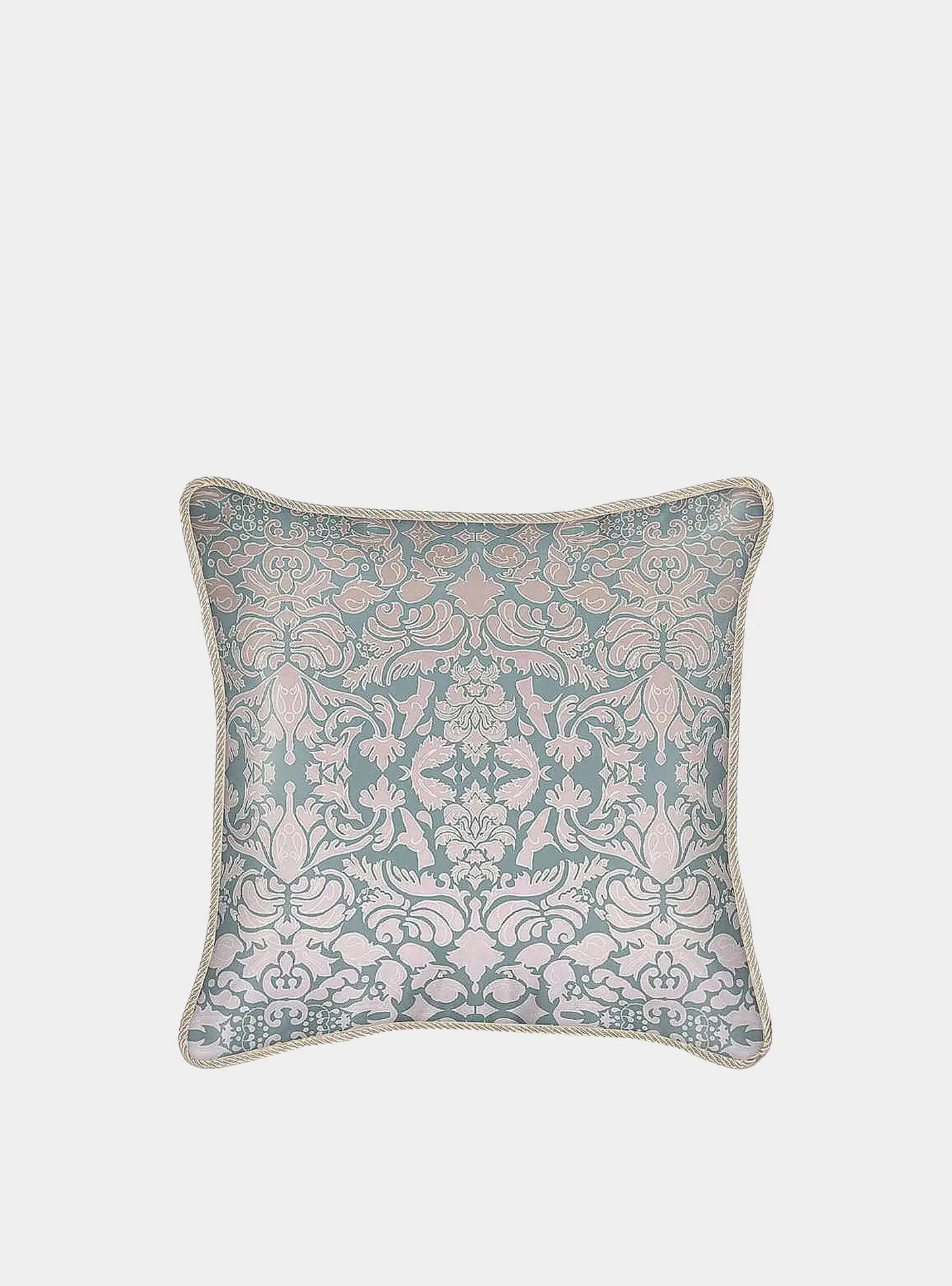 Silk Cushion - Hummingbird Damask Design In Pink And Sage Green Long Studio Design