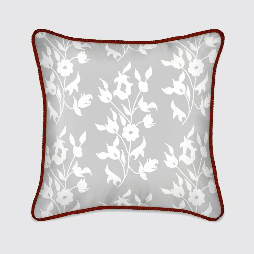 Silk Cushion - White Foliage On Grey Long Studio Design