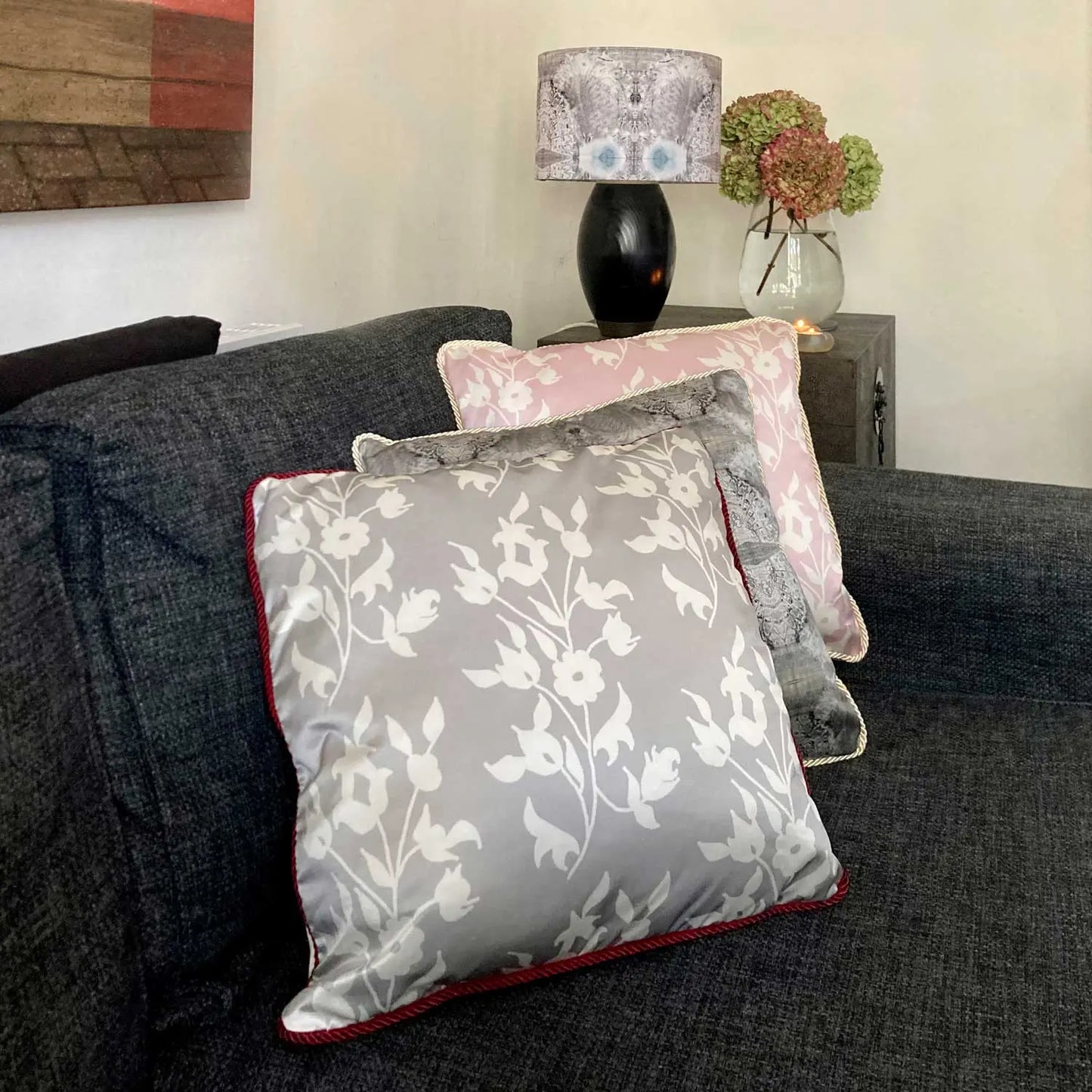 Silk Cushion - White Foliage On Grey Long Studio Design